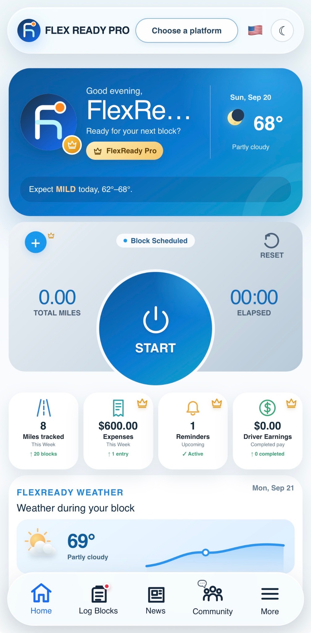 Flex Ready Pro home screen with mileage tracker, summary, and weather